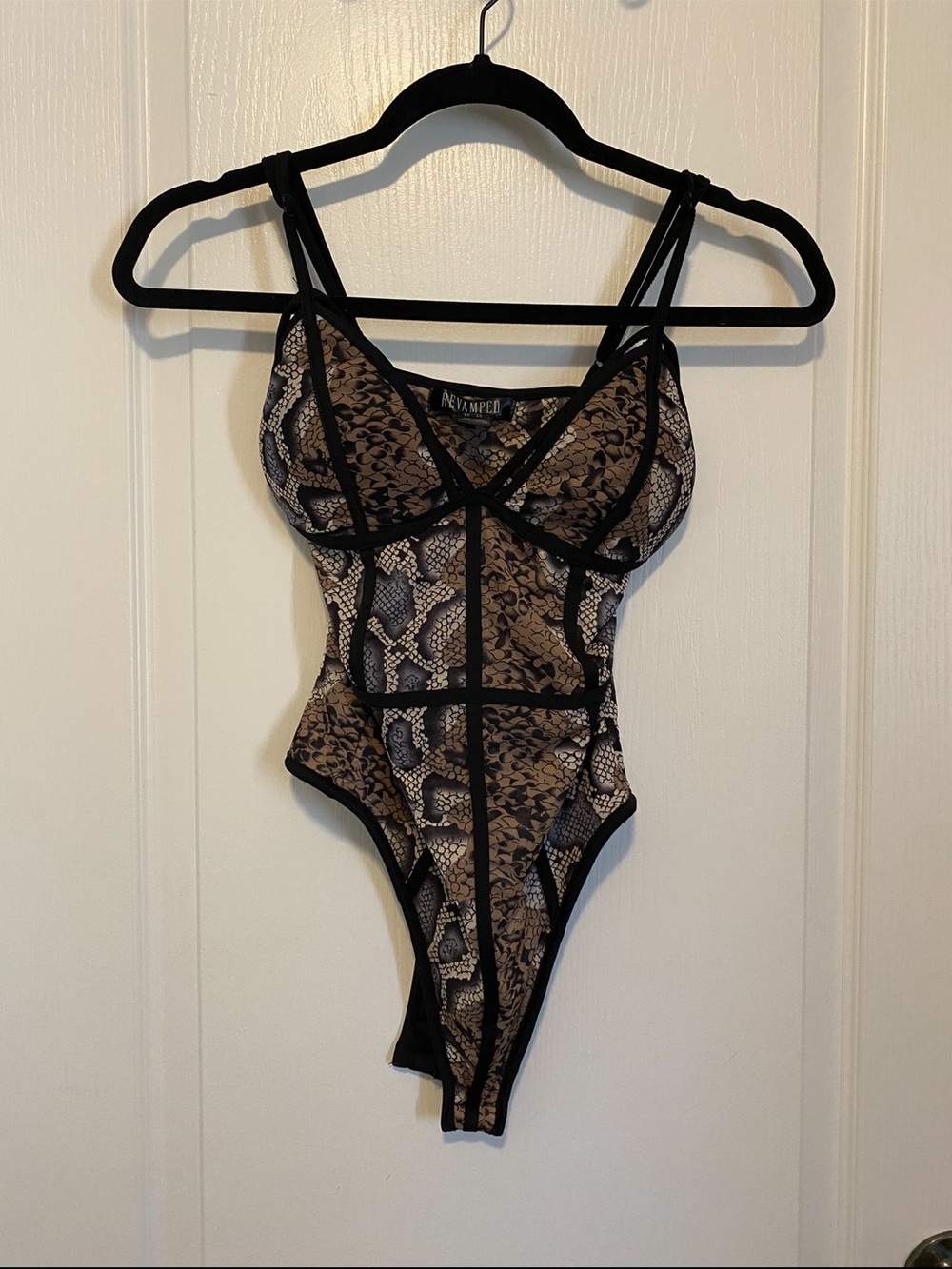 Revamped Taupe & Black Lace Snake-Print Bodysuit